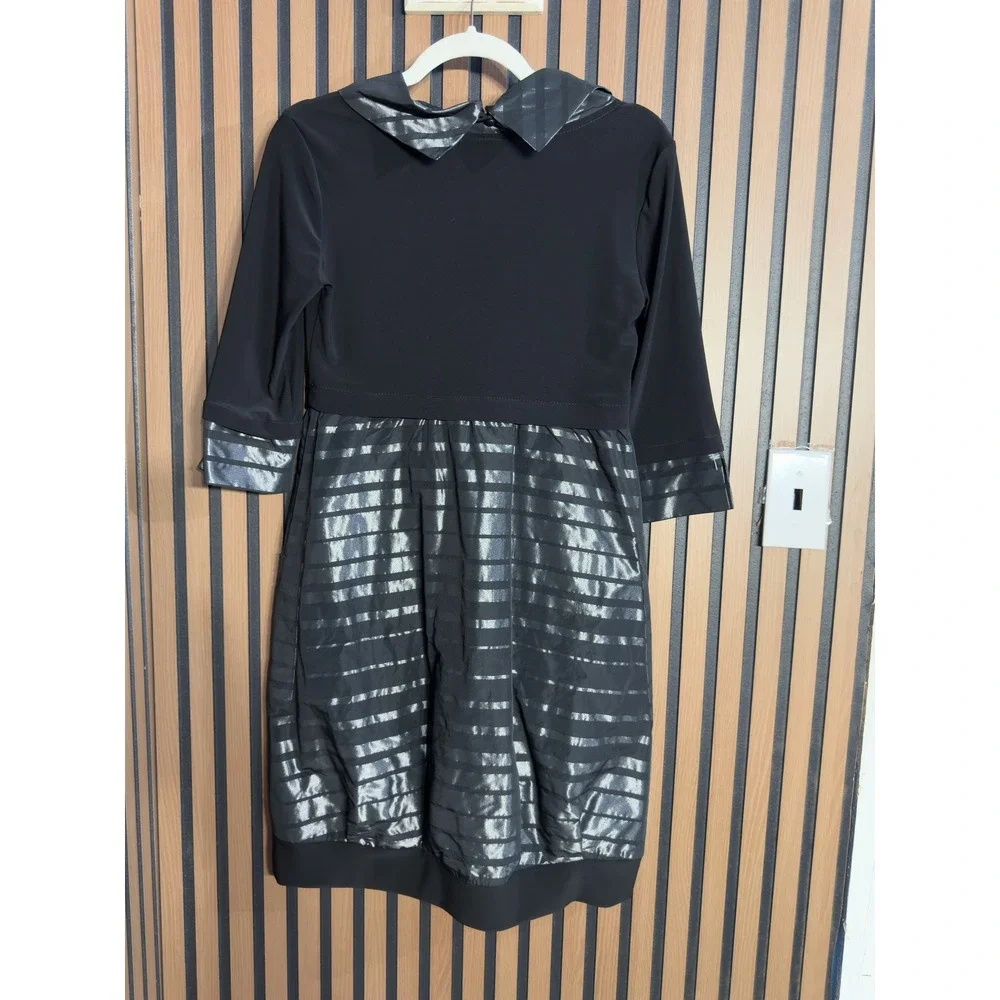 Joseph Ribkoff Black Cowl Neck‎ 3/4 Sleeve Metallic Stripe Dress Size 4